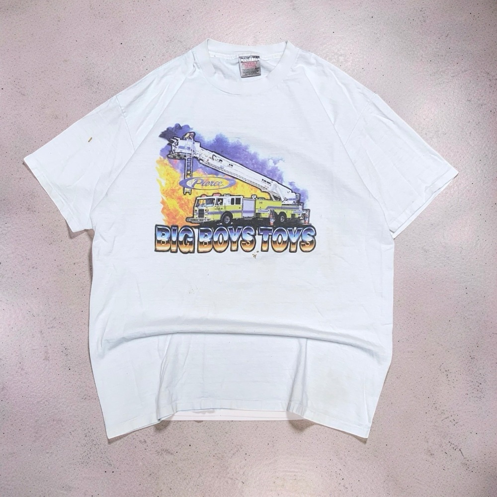 Vintage Oneita Pierce Big Boys Toys Fire Truck Tee Mens XL Single Stitch White
